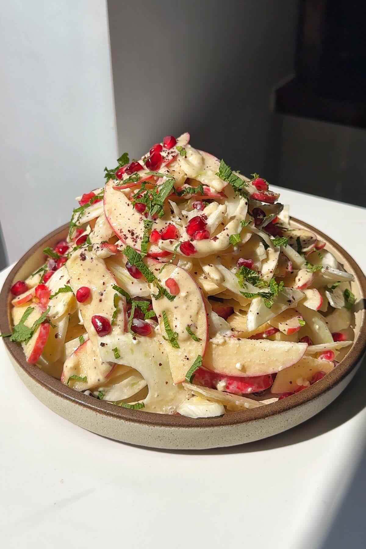 Plate with apple and fennel salad on it.