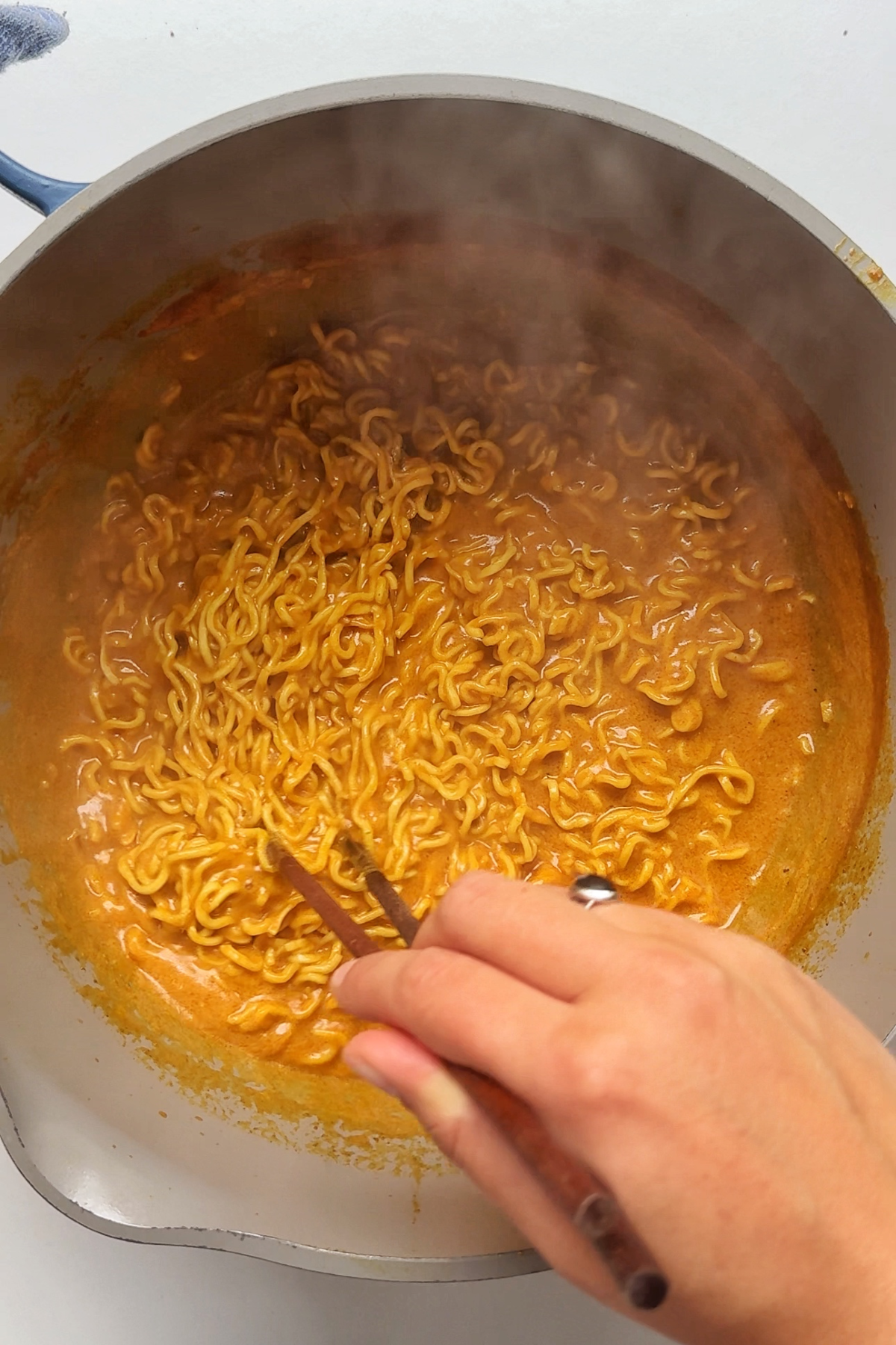 Ramen noodles in saucy pot