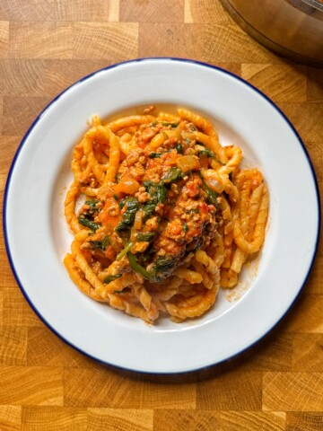 turkey pasta in white bowl.