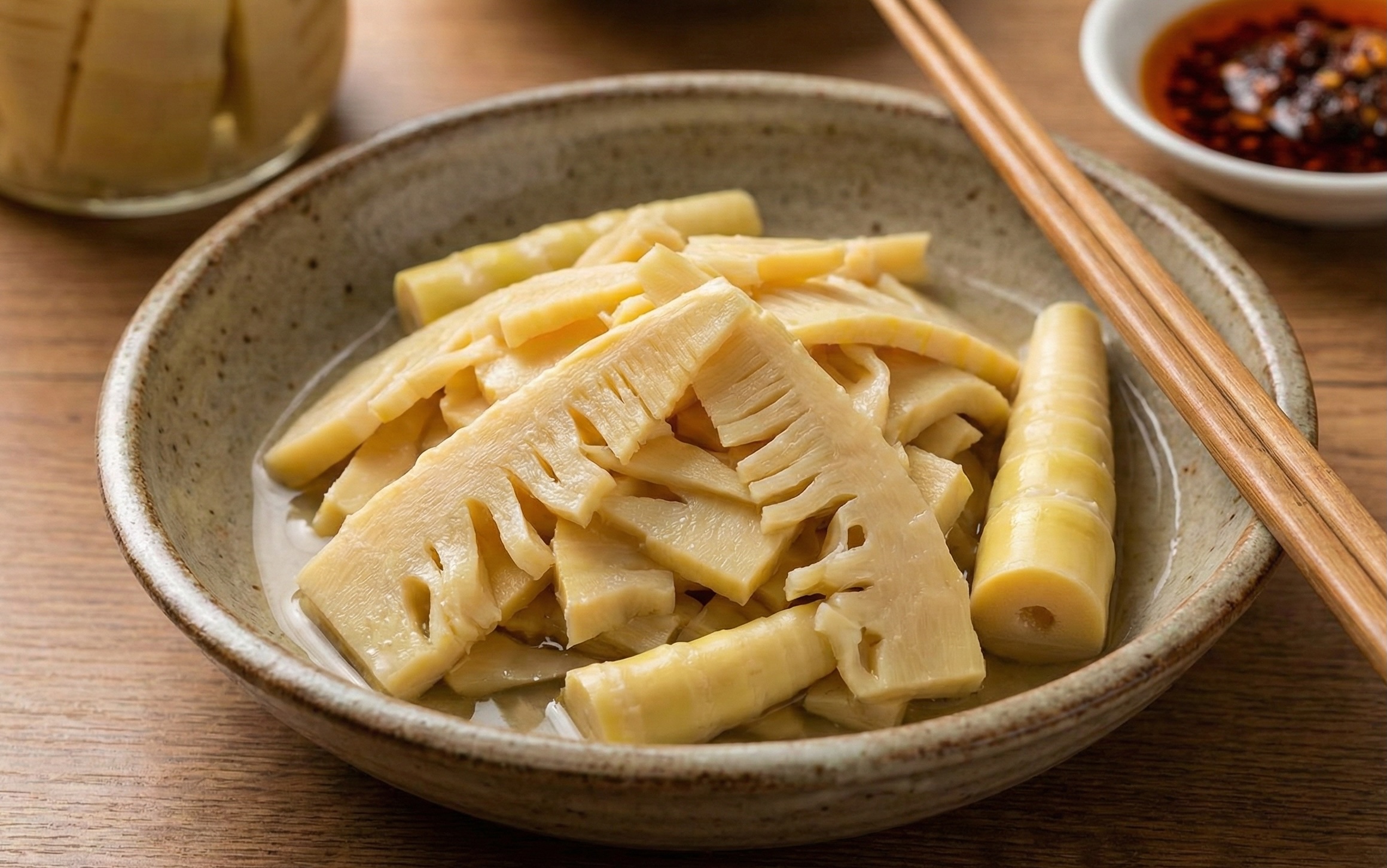 Sliced canned bamboo shoots (bamboo sprouts) in a bowl, ready to be used as a crunchy stir-fry substitute.
