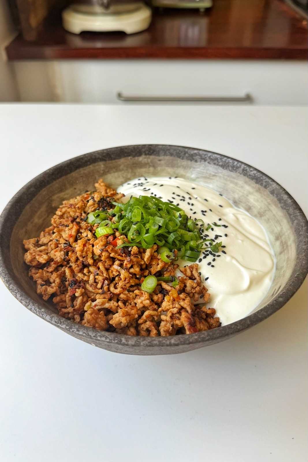 Stone bowl of creamy mapo tofu udon with blended silken tofu, spiced ground pork, scallions and sesame seeds, one of the best silken tofu recipes.